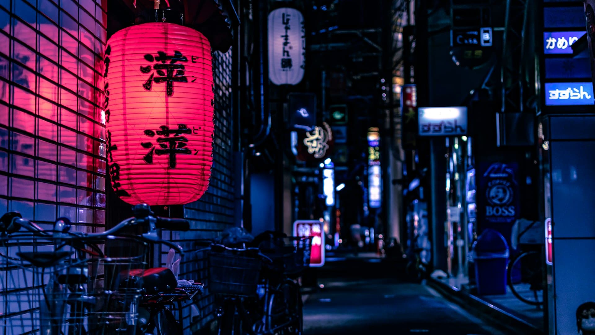 Lantern-lit Japanese alley at night