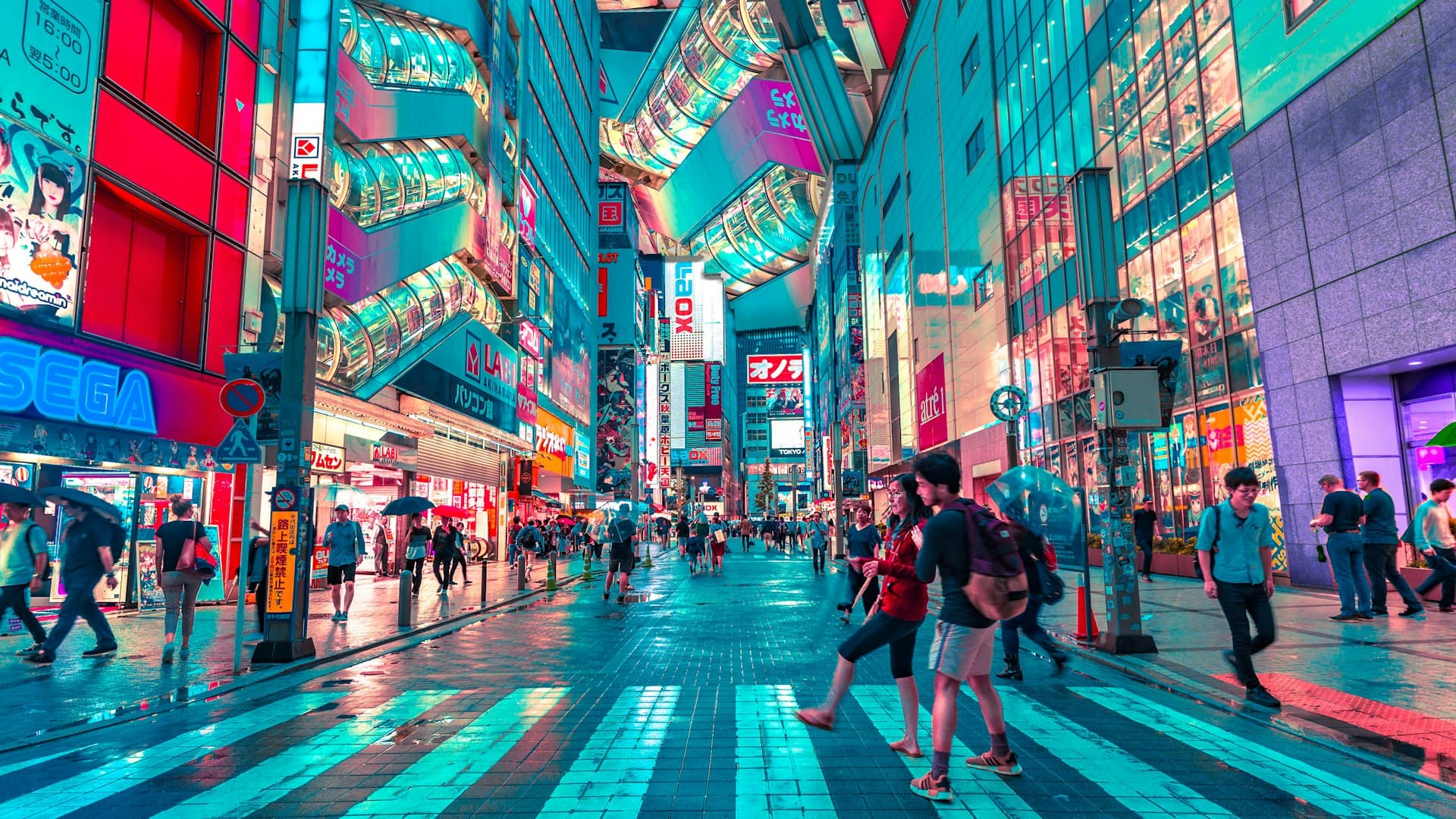 Neon-lit Tokyo shopping street with Japanese signage