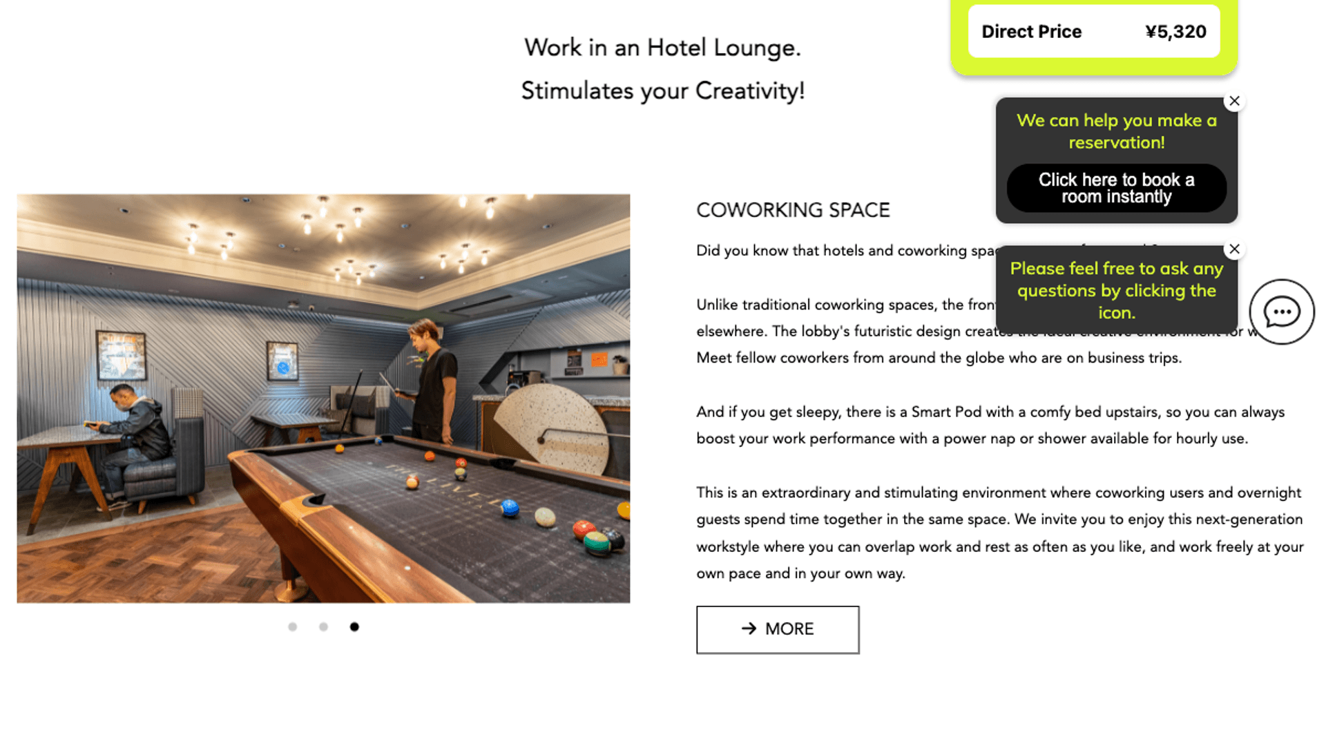 The Millennials Fukuoka workspace page showing the 2F coworking lounge with pool table and seating areas